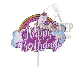 Топпер белый Happy Birthday с единорогом 16*12см