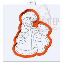 Вырубка + трафарет "Снегурочка с мишкой"